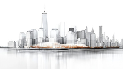 The picture shows the New York City skyline with clear details of buildings, set against a white background, conveying an urban concept