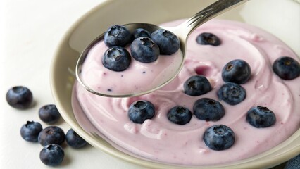 Close-up of a spoonful of creamy blueberry yogurt on a plate, plate, spoon, snack, blueberry yogurt, cream
