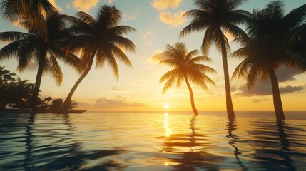 Fototapeta premium Tranquil Sunset Over Tropical Waters with Silhouetted Palm Trees