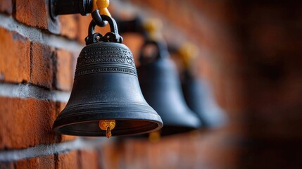 Obraz premium Old bells on brick wall, shallow depth of field, vintage decor