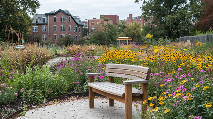 Wooden bench in a vibrant autumn garden with flowers and city bu