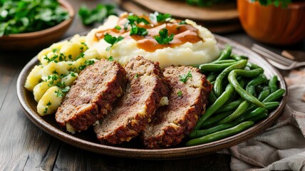A hearty plate featuring meatloaf, creamy mashed potatoes, green beans, and a side of seasoned potatoes, garnished with fresh herbs.