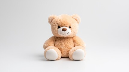 Obraz premium Cute teddy bear toy sits on white background, perfect for children's products or greeting cards