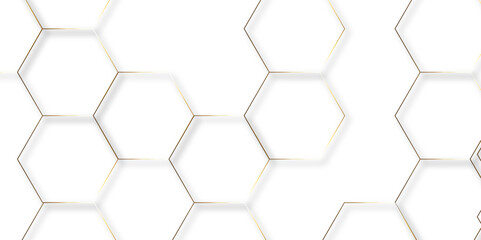 Abstract hexagon white background with shadow .golden background Futuristic blue neon honeycombs. Modern technology design. Vector illustration.	

