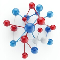 Obraz premium Abstract Molecular Structure: Red, Blue, and White Spheres Connected in a Complex Network