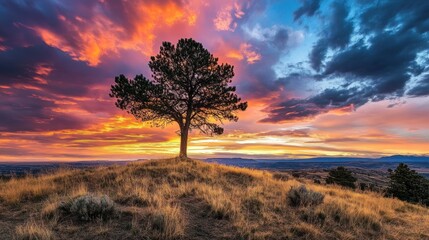Obraz premium Lone tree sunset hilltop landscape dramatic sky