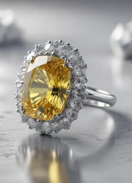 Anillo de platino con un diamante amarillo y zafiro en un fondo de gemas blancas, anillo de diamante, diamante amarillo, anillo de platino