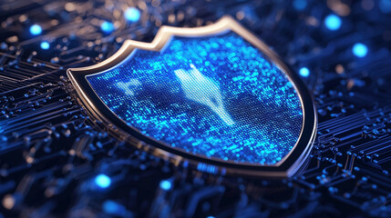 Digital shield on circuit board, cybersecurity concept.