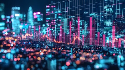 of a futuristic city skyline at night featuring a vibrant display of colorful data visualization charts and graphs depicting market diversification and financial analytics