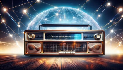 Blend of Vintage and Modern Radios Surrounded by Interconnected Lines, Symbolizing Global Communication Network