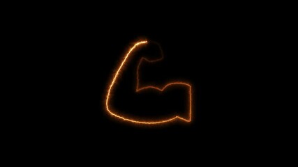 Glowing neon muscle icon on black background.  A strong man's hand with a neon sign.