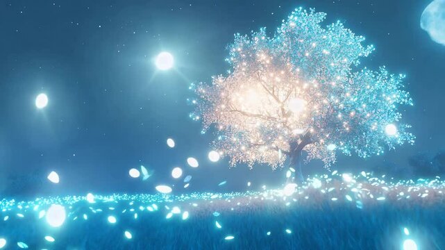 A luminous tree radiating bright white-blue light, surrounded by glowing flowers in a magical field under a starlit night sky. A surreal and enchanting dreamscape.