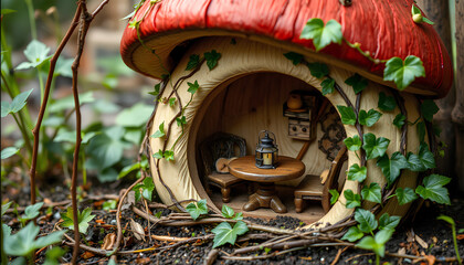 Mushrooms in a forest with moss, grass, and trees during autumn in a natural, woodsy setting