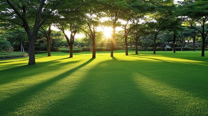 Obraz premium Green grass field lawn background. Vibrant sunny park ideal for themes of spring, earth day or outdoor leisure activities.