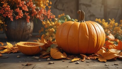 Autumnal background with a carved pumpkin and squash, autumn, pumpkin