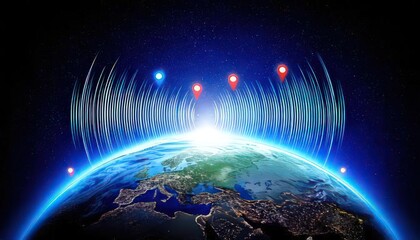 Obraz premium Symbolic Earth with Radiating Sound Waves and Pinpoint Markers, Reflecting Global Radio Entertainment Reach