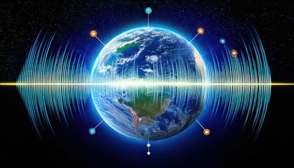 Obraz premium Symbolic Earth with Radiating Sound Waves and Pinpoint Markers, Reflecting Global Radio Entertainment Reach