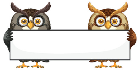 Obraz premium Owls Holding a Blank Sign