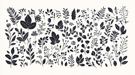 Vector hand-drawn leaves and foliage elements set, black ink drawing on a white background.