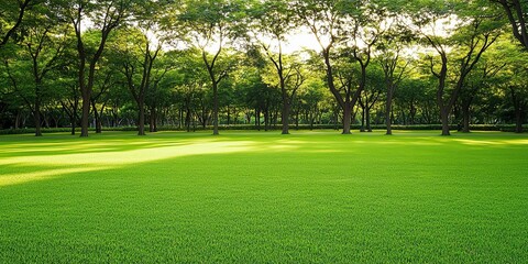 Green grass field lawn background. Vibrant sunny park ideal for themes of spring, earth day or outdoor leisure activities.
