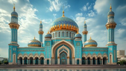 Majestic blue mosque, city skyline, sunny day, tourism