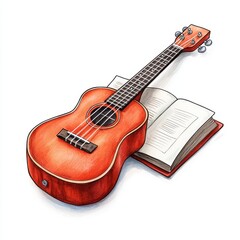 Obraz premium Acoustic Ukulele with Open Book on Wooden Table Surface
