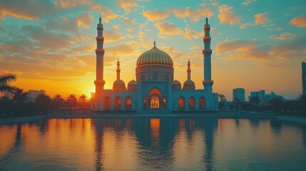 Fototapeta premium Sunset Mosque Reflection, Cityscape, Prayer, Travel, Serenity