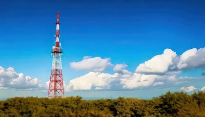 Fototapeta premium Radio Tower with Clear Blue Sky and Soft Clouds in the Distance