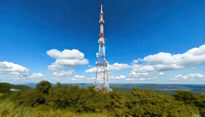 Obraz premium Radio Tower with Clear Blue Sky and Soft Clouds in the Distance