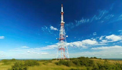 Obraz premium Radio Tower with Clear Blue Sky and Soft Clouds in the Distance