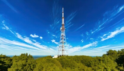 Obraz premium Radio Tower with Clear Blue Sky and Soft Clouds in the Distance