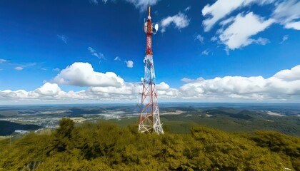 Obraz premium Radio Tower with Clear Blue Sky and Soft Clouds in the Distance