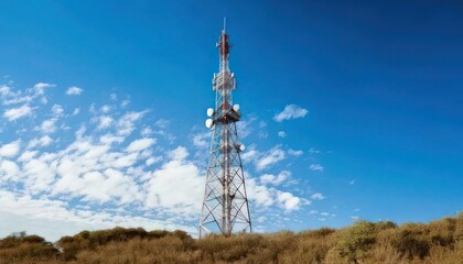 Radio Tower with Clear Blue Sky and Soft Clouds in the Distance
