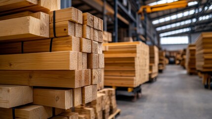 Stacked wooden beams in a spacious industrial warehouse with organized lumber storage