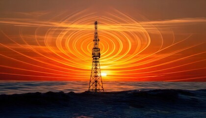 Obraz premium Radio Tower Silhouette with Radiating Waves Against a Sunset Sky