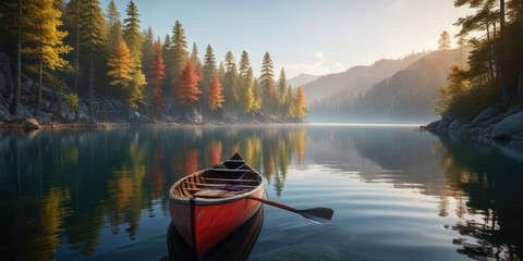 Obraz premium canoe drifted on the surface of the calm lake, movement, relaxed