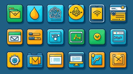 Simple and elegant monoline icons representing AI and machine learning concepts like robots, brain circuits, neural networks, data streams, and algorithms for tech-oriented illustrations.