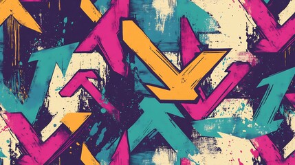 Fototapeta premium Vibrant arrows playfully clash in bold pink teal yellow grunge pattern. AI Generated