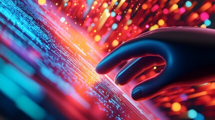 Digital Hand Interacting With Vibrant Data Streams