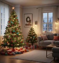 Christmas tree decorated with colorful ornaments and lights in a cozy living room, , christmas season, lights
