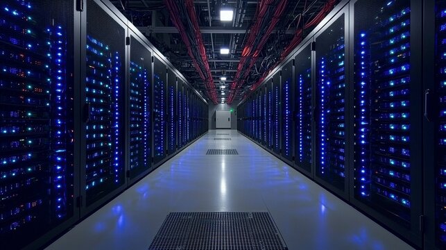 A sleek and modern server room background showing racks of servers, power cables, and cooling systems, designed to support large-scale data operations and high-speed internet.