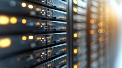 Wide-angle server room background showcasing rows of high-tech server racks, intricate cables, and LED lights, emphasizing the secure infrastructure supporting modern businesses.