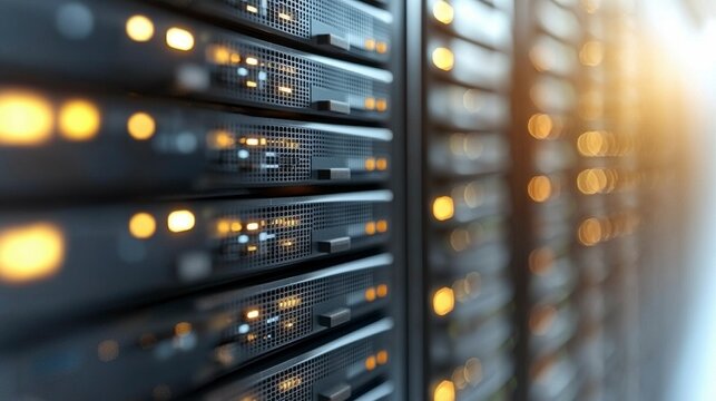 Wide-angle server room background showcasing rows of high-tech server racks, intricate cables, and LED lights, emphasizing the secure infrastructure supporting modern businesses.