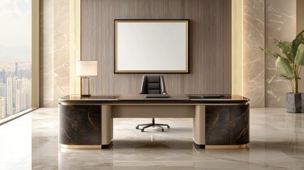 Sleek Modern Office Study Area with Blank Frame Above Elegant Desk Setup