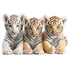 Adorable Trio of Tiger Cubs: White, Orange, and Striped Siblings Pose Together in a Captivating Wildlife Portrait