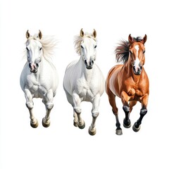 Obraz premium Three Powerful Horses in Motion Against White Background, Dynamic Energy and Graceful Speed