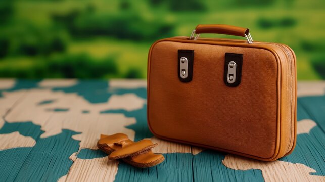 A textured brown suitcase sits on a world map, evoking a sense of wanderlust and the excitement of travel adventures. The image is