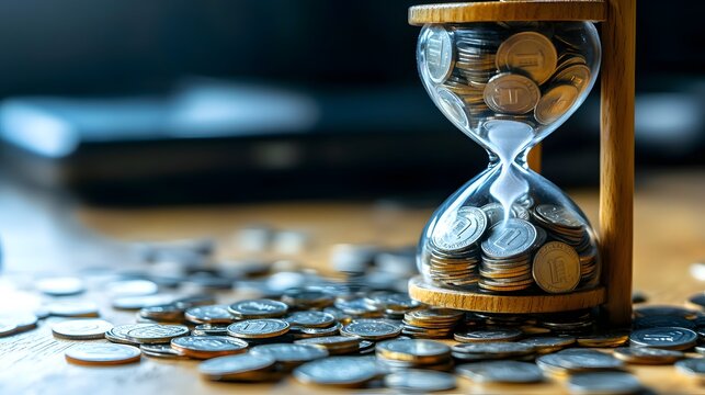 An hourglass filled with coins representing the concept of time bound financial planning where timely management of resources is crucial for achieving financial goals security and long term success