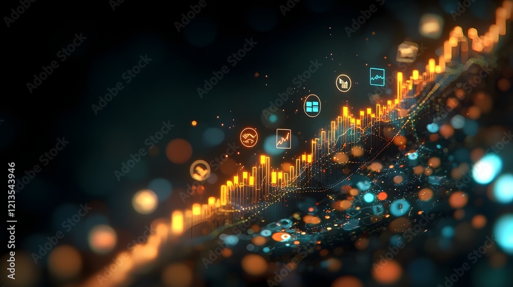 Poster upward digital graph or chart with various icons representing different asset classes such as crypto
