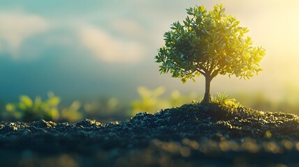 Conceptual landscape depicting a flourishing financial tree with branches labeled  Savings   Investments  and  Growth  set against a serene natural backdrop of rolling hills meadows